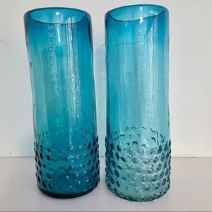 STARBUCKS Hand Blown Blue RARE Tall Hobnail Glasses set of 2 limited edition